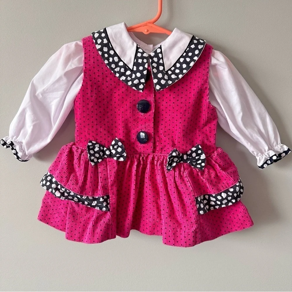 Vintage Small Steps 12 Months Girl Pink Corduroy Bow Dress Top 80s 90s